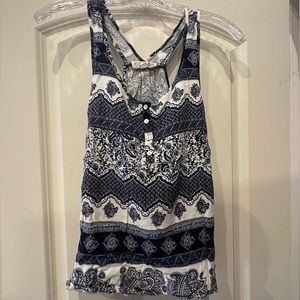 Pink Rose Flowy Tank w/buttons, Size Large, Navy/White Blue Design